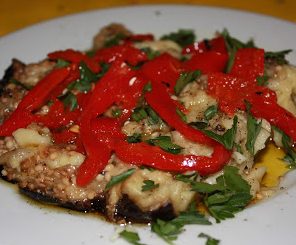 Roasted Eggplant Salad with roasted red peppers on top! 